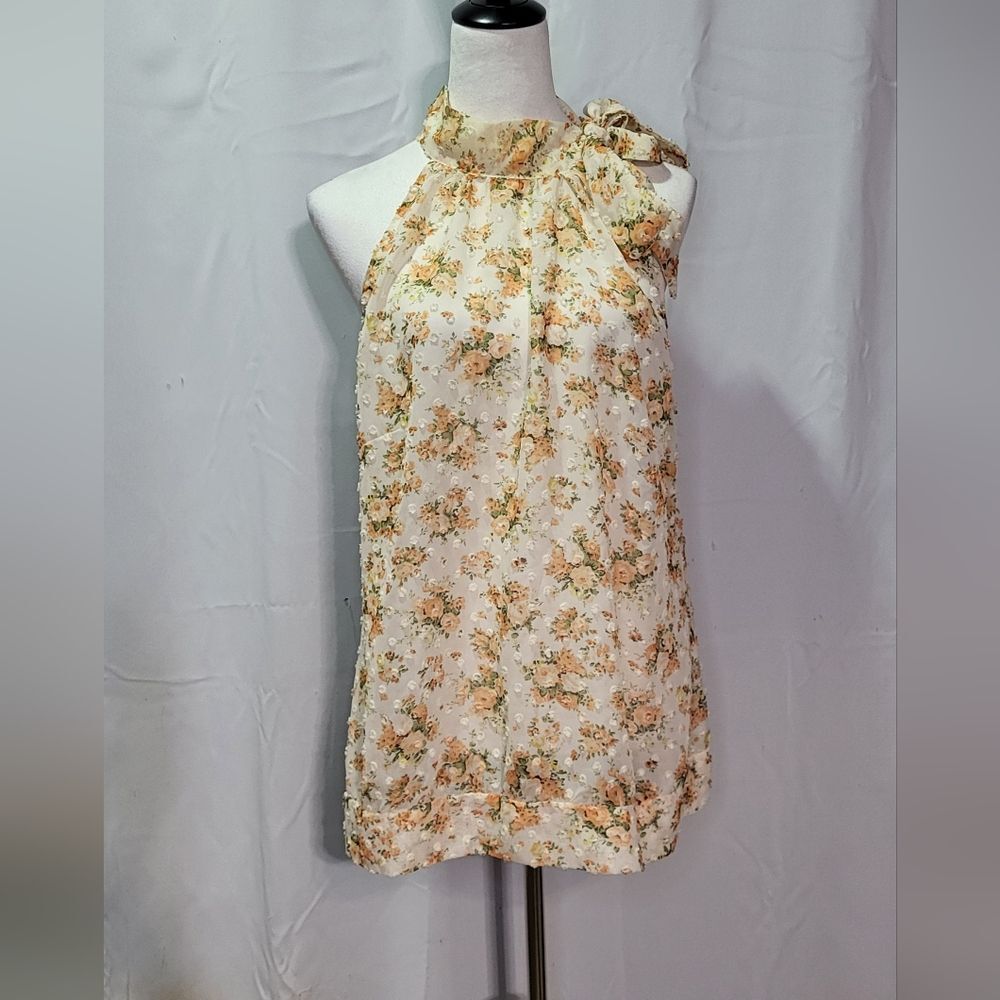 R&MY Women's Cream Sheer Floral Swiss Dot Sleeveless Blouse/Tank Top Size XL EUC - Picture 2 of 8